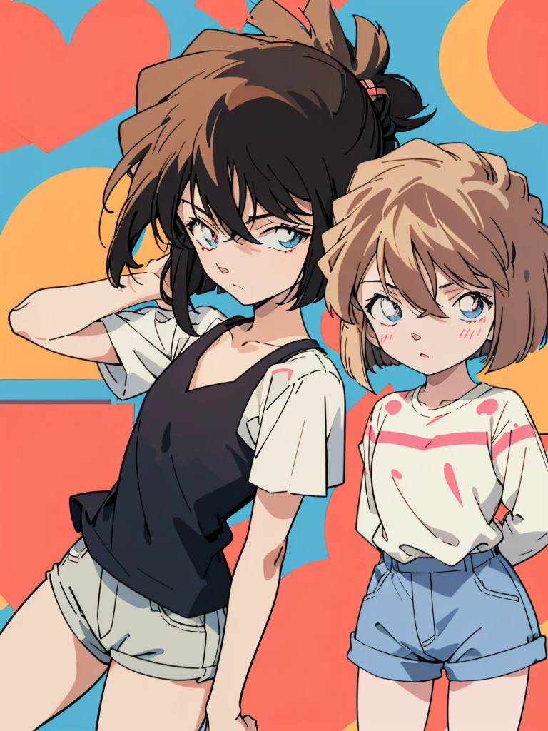 anime style, (1girl in, Solo:1.0), (Haibara Ai), ((Short pants)), (((Big eyes))), (Cute anime girl head), (flat chest),looking at viewer,With a height of 100cm, shoot from front, (head shot), Simple line minimalism, Abstract Art, City background, anime opening movie