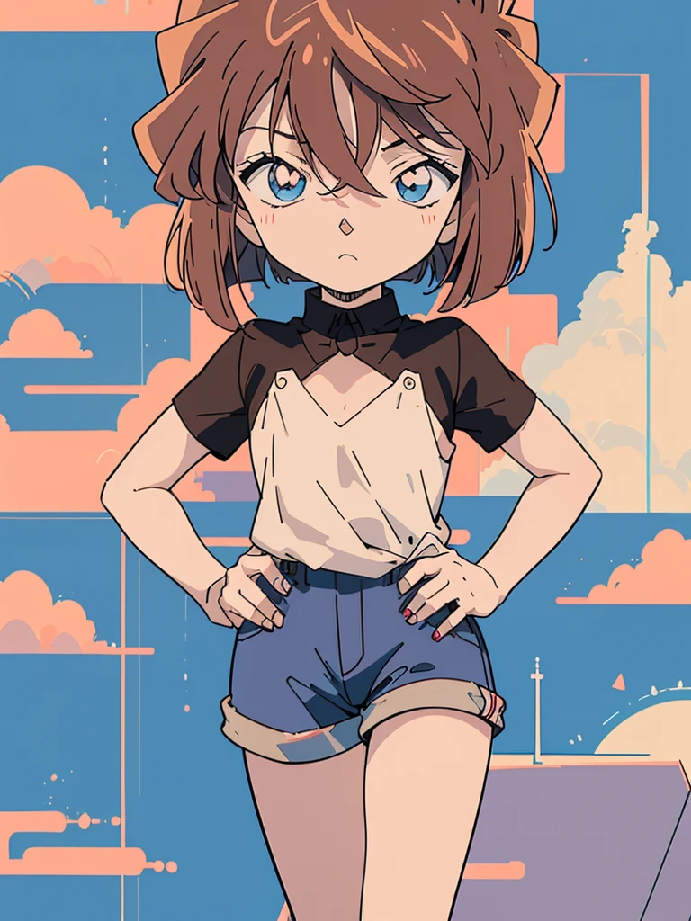 anime style, (1girl in, Solo:1.0), (Haibara Ai), ((Short pants)), (((Big eyes))), (Cute anime girl head), (flat chest),looking at viewer,With a height of 100cm, shoot from front, (head shot), Simple line minimalism, Abstract Art, City background, anime opening movie