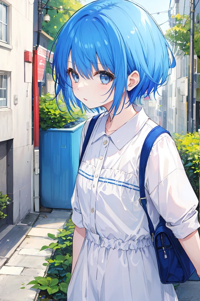1girl in,teens girl,小柄,small tits,Blue hair,short-haired,straight haired,Okappa,deadpan,Schools,ultrasharp, 8K, masutepiece,shirt,Wet in the rain