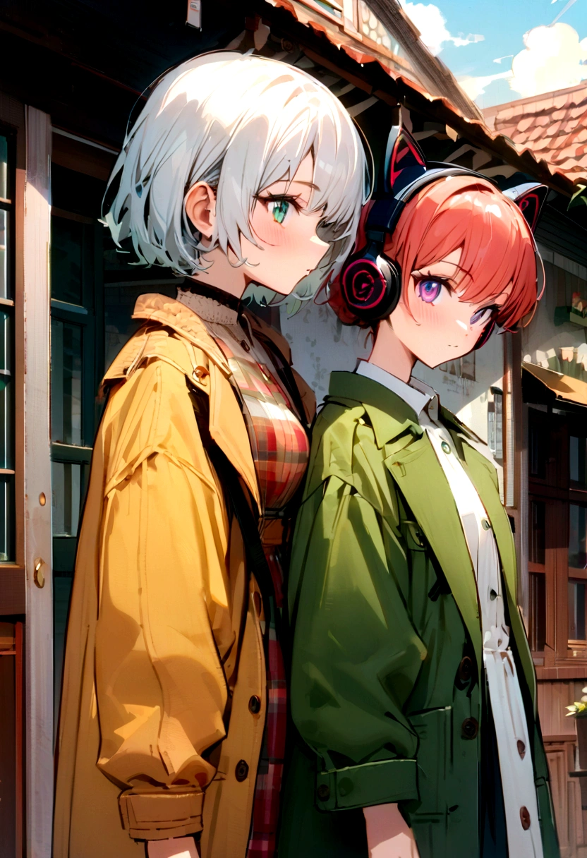 ((best qualityer)), ((work of art)), (detailded), 2 girls, romantic farmhouse, wearing tomboy clothes, Bela, wear modern clothes, stylish, profile pic, cute girls, HD, full HD, intricate, beautiful, kitten headphones, wear a coat, series, looks at you, house in the background, ((intricate anime)) olhos detaildeds, calm and cute, cabeautiful curto e com presilhas