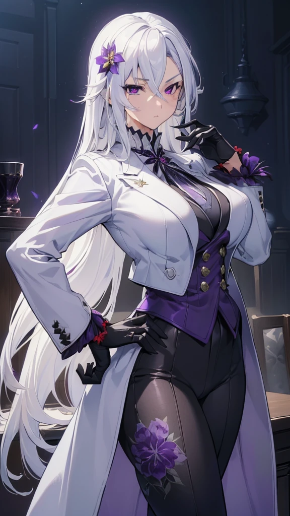 (best quality:1.3), (masterpiece:1.3), (illustration:1.3), (ultra-detailed:1.3), 1girl, solo, ((long hair, white hair, purple eye, purple flower pattern)), (((large breasts))), black pants, white suit, tailcoat, serious expression, tall, mature, elegant, black gloves, looking at viewer, night sky, hands on hips, serious expression, tsurime,