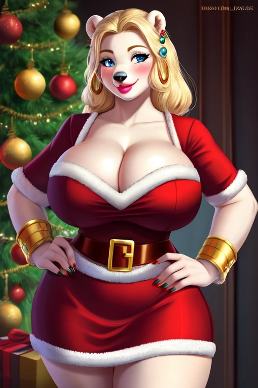 Blonde polar bear woman, wearing a backless Santa dress, perfect face, blue eyes, big breasts, cleavage, three-quarter view, solo, smile, perfect detailed body, pink lipstick, hand on hips, gold earring, blushing