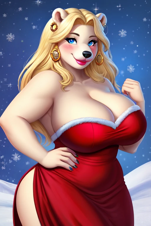Blonde polar bear woman, wearing a backless Santa dress, perfect face, blue eyes, big breasts, cleavage, three-quarter view, solo, smile, perfect detailed body, pink lipstick, hand on hips, gold earring, blushing
