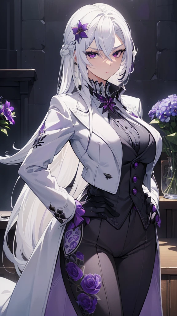 (best quality:1.3), (masterpiece:1.3), (illustration:1.3), (ultra-detailed:1.3), 1girl, solo, ((long hair, white hair, purple eye, purple flower pattern)), (((large breasts))), black pants, white suit, tailcoat, serious expression, tall, mature, elegant, black gloves, looking at viewer, night sky, hands on hips, serious expression, tsurime,