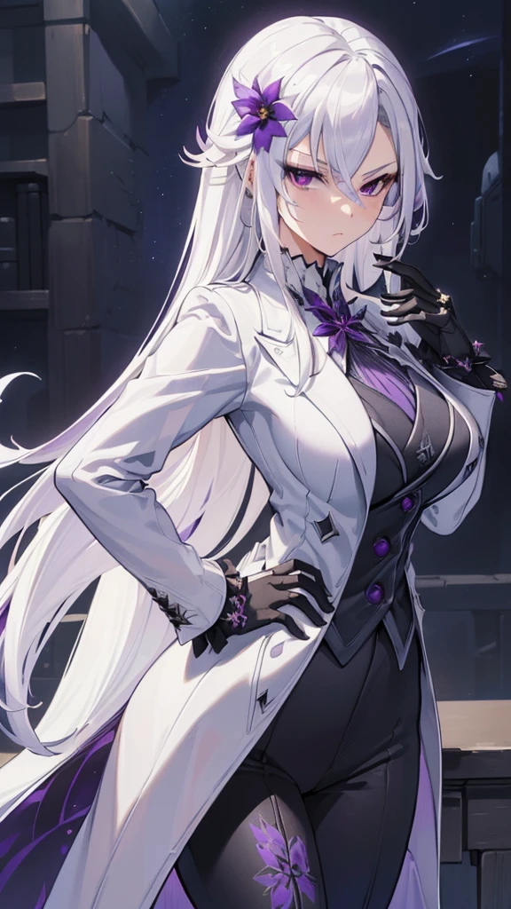 (best quality:1.3), (masterpiece:1.3), (illustration:1.3), (ultra-detailed:1.3), 1girl, solo, ((long hair, white hair, purple eye, purple flower pattern)), (((large breasts))), black pants, white suit, tailcoat, serious expression, tall, mature, elegant, black gloves, looking at viewer, night sky, hands on hips, serious expression, tsurime,