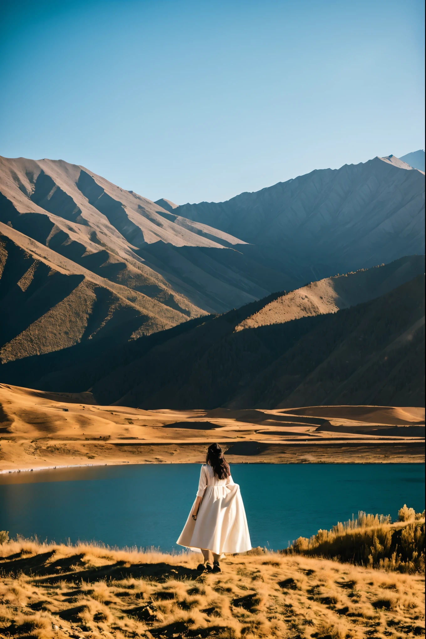 Draw a group of photographic works with Xinjiang scenery as the theme. The lighting angle is front light.,Backlight,侧Backlight,,Shooting scenery with panoramic view,Medium shot,Close shot,close-ups, etc,Realistic Photography,Realistic style,Nice lighting,Shooting angle:超Wide Angle,Wide Angle,Medium telephoto, etc.,Camera model Fuji xt4,Characters run,horse riding,Action meets retro film style,Aims to show the magnificent scenery of Xinjiang and,In the photo,The majestic Tianshan Snow Mountain,The tranquility of Sayram Lake,And the vast grasslands,They all became the protagonists of the screen,In particular,Taking a girl as the subject,She is wearing a white skirt or standing on the top of the mountain,Or sit by the lake,Or with the flock,Conveys the natural beauty of Xinjiang and people's,Choose the back of the littleas the subject,Because she symbolizes innocence,Hope and endless possibilities,Her back shuttles through the screen,Set against the magnificent scenery of Xinjiang,Together they form the soul of this group of works.,。
