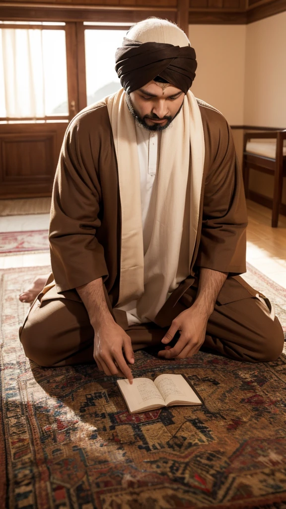 
a Muslim man wearing a turban, wearing a brown robe in prostration, pours out his heart to improve his relationship with Allah. very real, high resolution, 8k resolution, intricate details, very real facial details,