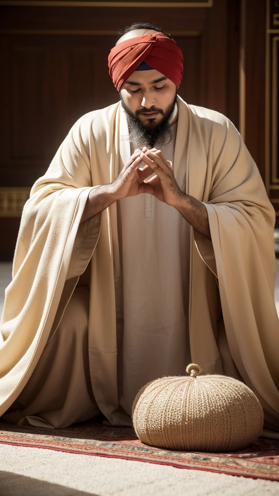 
a Muslim man wearing a turban, wearing a brown robe in prostration, pours out his heart to improve his relationship with Allah. very real, high resolution, 8k resolution, intricate details, very real facial details,