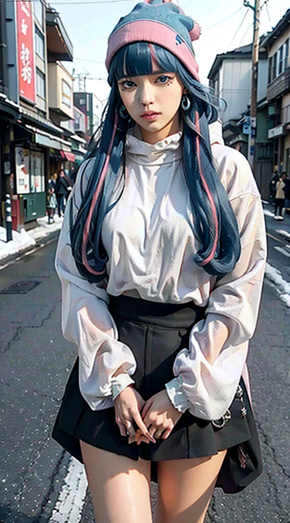eida, long hair, bangs, blue eyes, very long hair, blue hair, pink hair, multicolored hair, earrings, blunt bangs, two-tone hair, streaked hair, beautiful, beautiful woman, perfect body, perfect breasts, wearing a beanie, wearing a winter jacket, wearing a duffle coat, carrying a bag, wearing a watch, wearing earrings, in public, being in Tokyo city, being on the street, snow on the street, it is snowing, looking at the audience, a slight smile, realism, masterpiece, textured leather, super detailed, high detail, high quality, best quality, 1080p, 16k