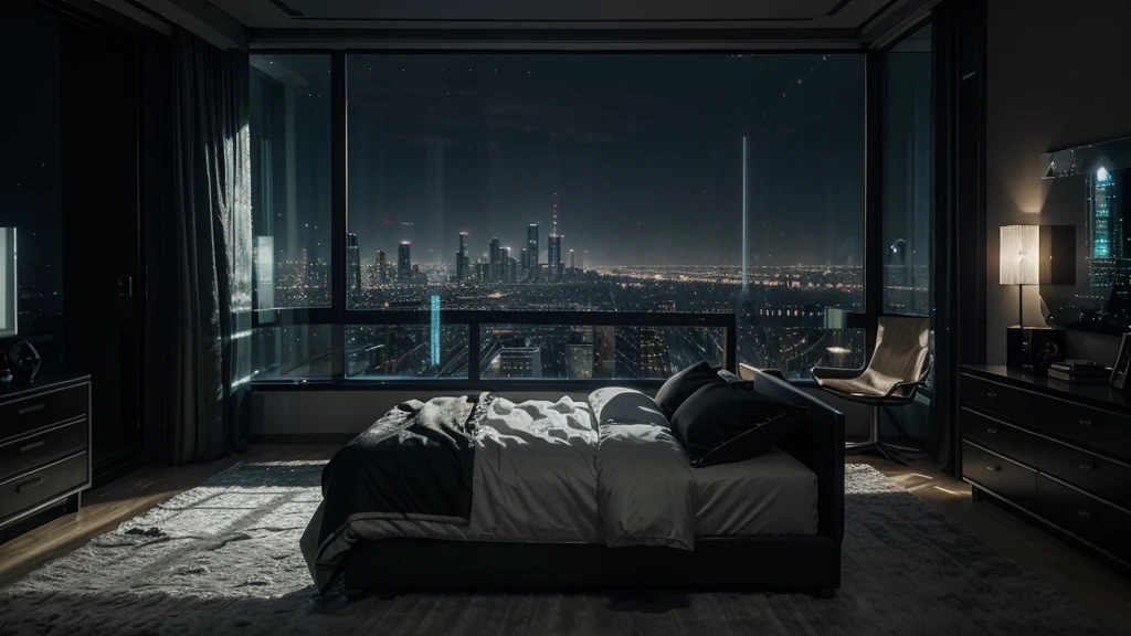 Arav bedroom with a large bed,City view, Cyberpunk bedroom at night, personal room background, Overlooking the modern city, Night rendering, Snow scene outside the floor-to-ceiling glass window, modern nocturnal background, Dark bedroom, Luxury Apartment, cityscape at night, dystopian city apartment, Cyberpunk Apartment, A quiet night. digital illustration, Unreal Engine realistic rendering, Bedroom lights dim, Dreamy atmosphere 8k, Realistic and clear