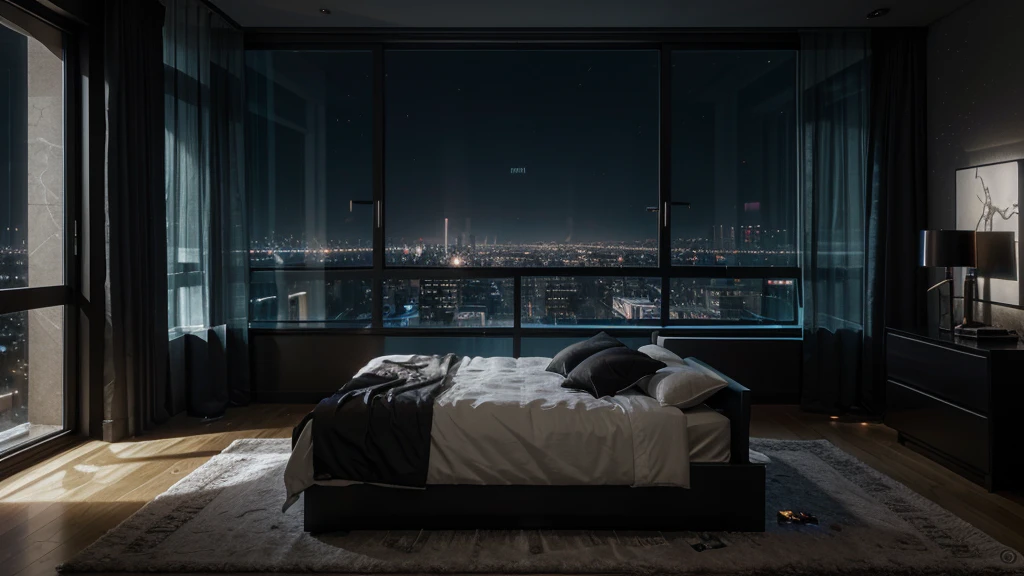 Arav bedroom with a large bed,City view, Cyberpunk bedroom at night, personal room background, Overlooking the modern city, Night rendering, Snow scene outside the floor-to-ceiling glass window, modern nocturnal background, Dark bedroom, Luxury Apartment, cityscape at night, dystopian city apartment, Cyberpunk Apartment, A quiet night. digital illustration, Unreal Engine realistic rendering, Bedroom lights dim, Dreamy atmosphere 8k, Realistic and clear