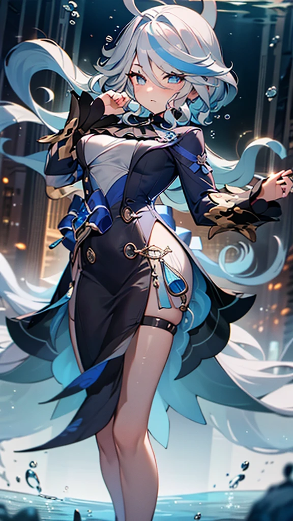 (full body),masterpiece, The best quality at its best, One huge breasted girl, Follina, Genshin Impact, Gray Hair, Blue Hair, Cute big breasts, Tear organ pupil, sad, Clit, Underwater, Air bubbles, big, Fall into oblivion, Abandoned city,Cowboy Shot,Kung Fu Pose,