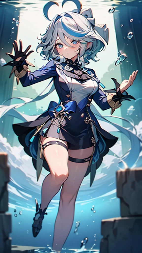 (full body),masterpiece, The best quality at its best, One huge breasted girl, Follina, Genshin Impact, Gray Hair, Blue Hair, Cute big breasts, Tear organ pupil, sad, Clit,  Underwater, Air bubbles, big, Fall into oblivion, Abandoned city，Cowboy Shot，Kung Fu Pose，