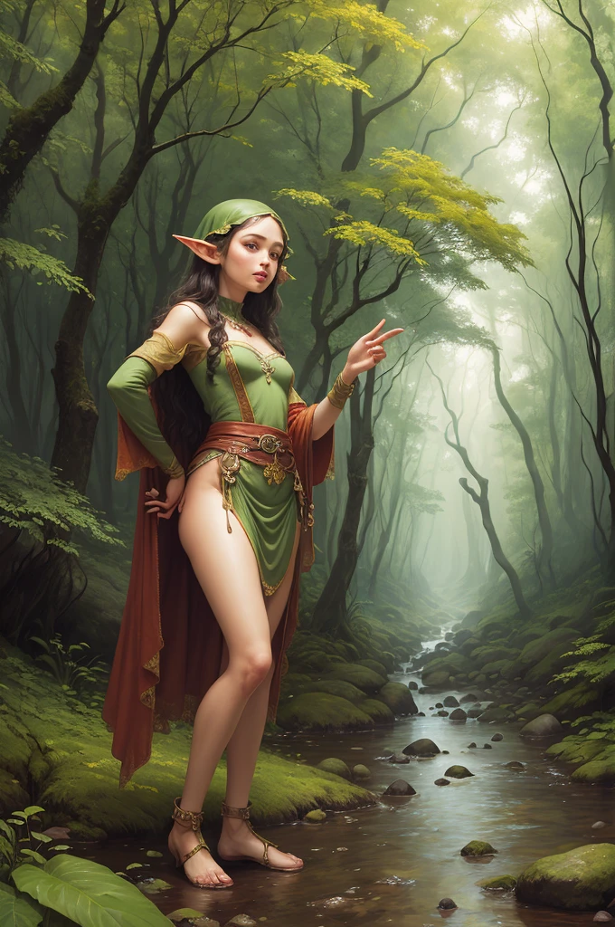rubenesque elf, standing in a forest glade, small brook, woman
