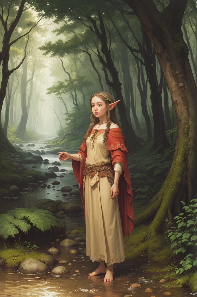 rubenesque elf, standing in a forest glade, small brook, woman