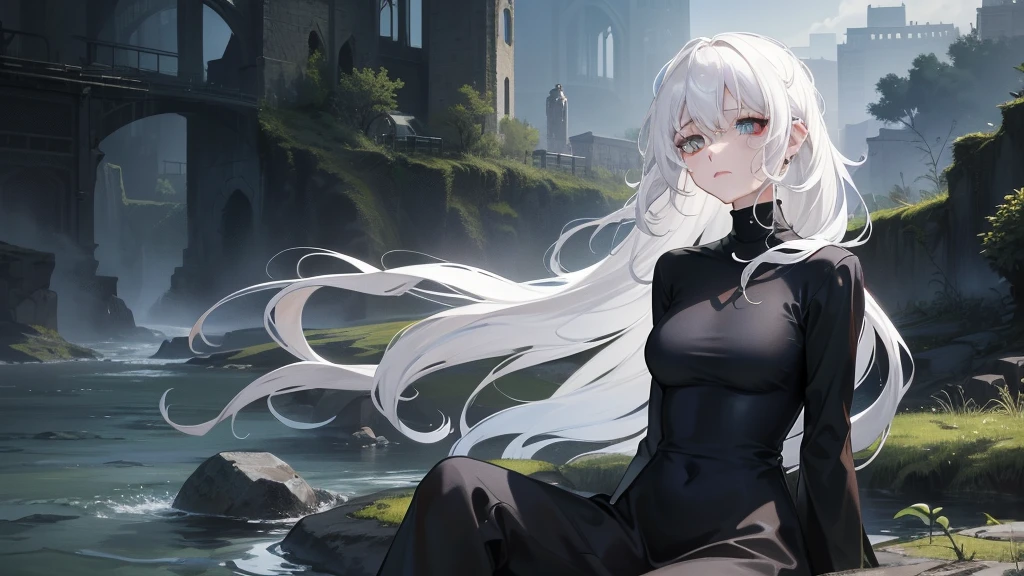 Sitting on a rock in the river with a sad look on his face、A girl with long, wavy white hair flying in the air, She is wearing a black turtleneck. Dark atmosphere. wood々Sunken river overgrown with, Gloomy atmosphere, fix the face, Draw a sad face