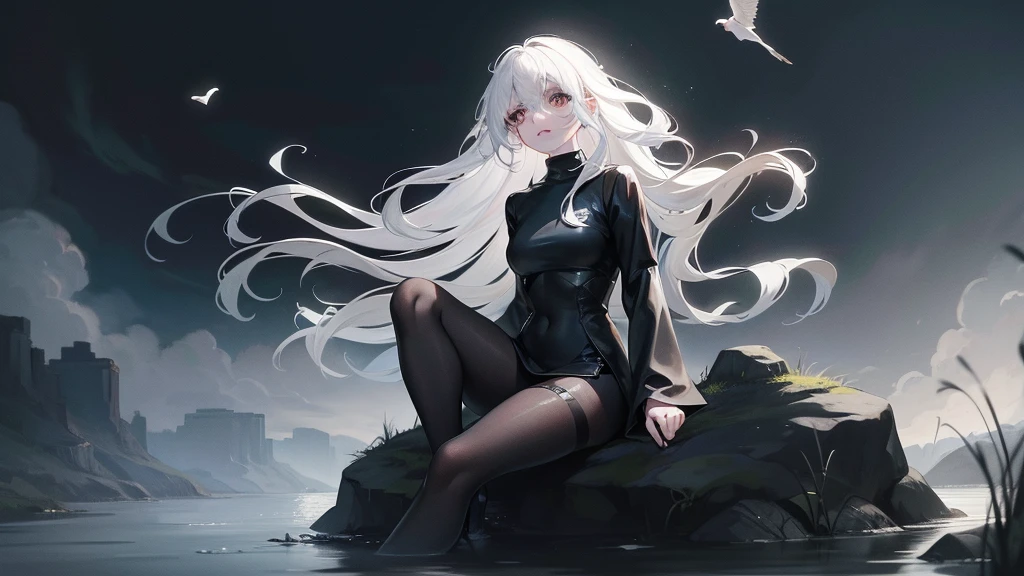 Sitting on a rock in the river with a sad look on his face、A girl with long, wavy white hair flying in the air, She is wearing a black turtleneck. Dark atmosphere. wood々Sunken river overgrown with, Gloomy atmosphere, fix the face, Draw a sad face