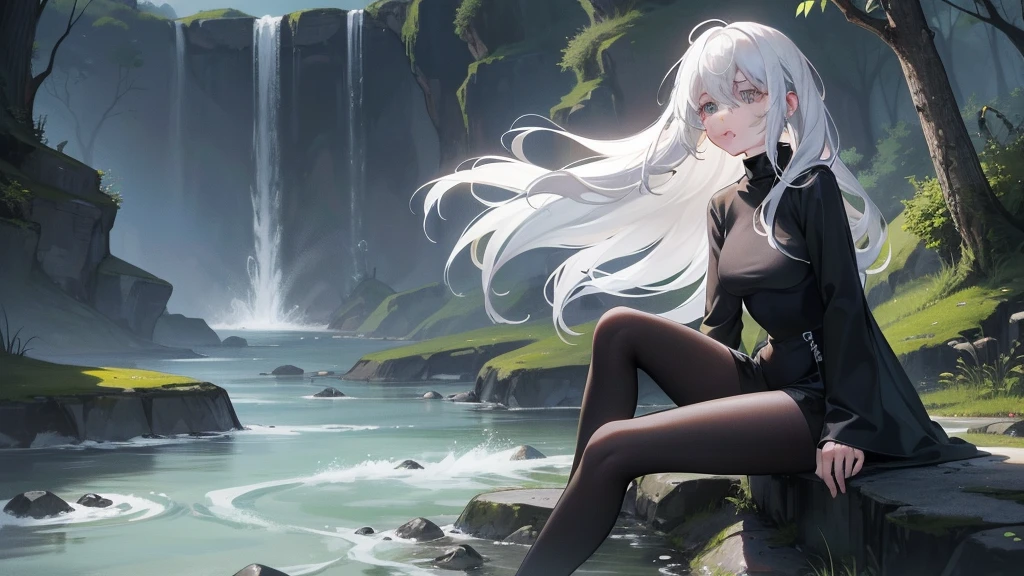 Sitting on a rock in the river with a sad look on his face、A girl with long, wavy white hair flying in the air, She is wearing a black turtleneck. Dark atmosphere. wood々Sunken river overgrown with, Gloomy atmosphere, fix the face, Draw a sad face