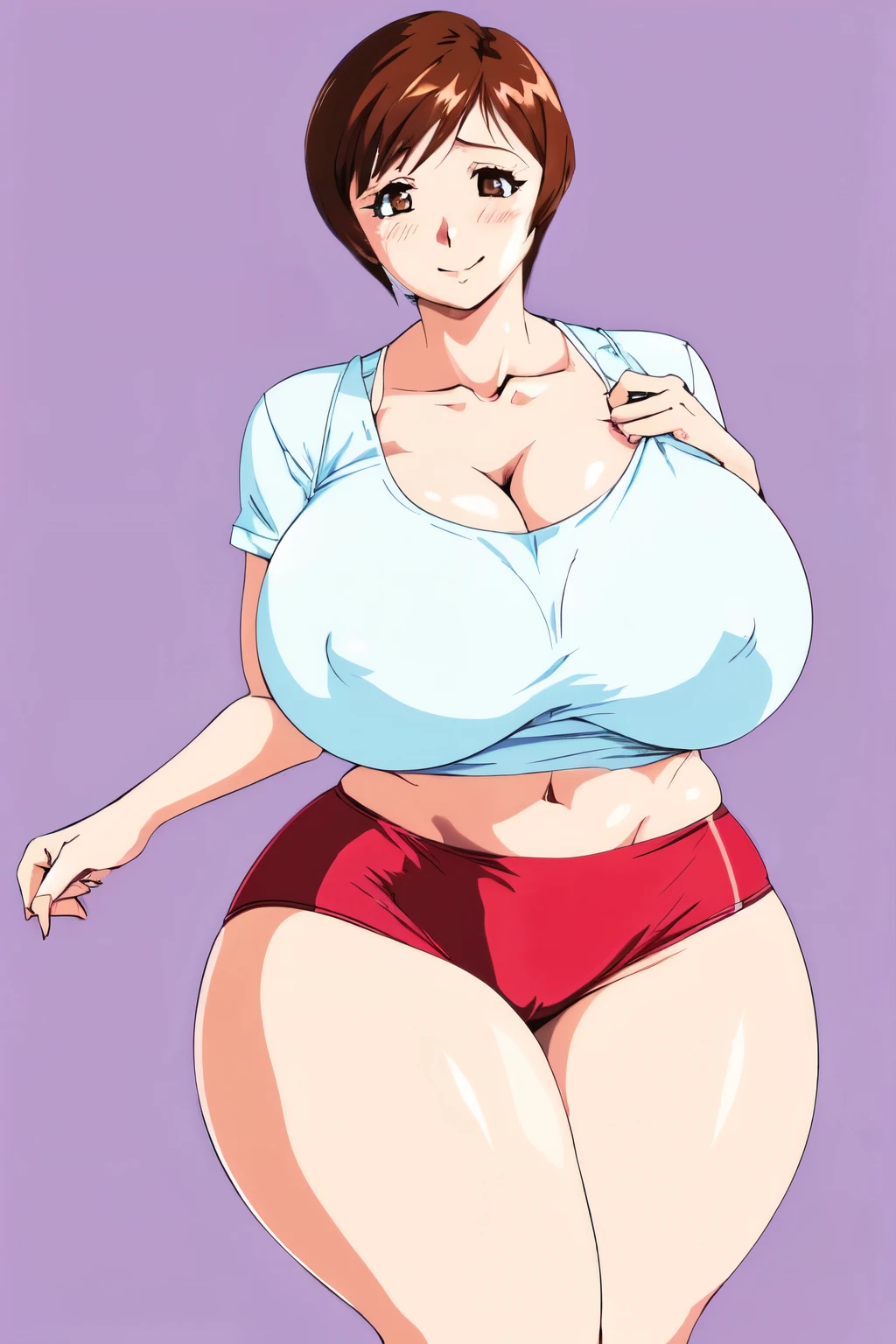 masterpiece, highest quality, High resolution, One girl, alone, sexual intercourse, Pornographic images, short hair, etsukoto, Brown eyes, fine grain, fine grain, (((Thick thighs, Plump thighs, Voluptuous thighs, Thighs alone are enough))), Huge and ample breasts, Cleavage, Huge long breasts, Naughty big,((Big breasts are important))、((Naughty thighs)), L Cup, (thin:1.4),(Tight waist:1.4),  (((white gym shirt, Micro Buruma))), A kind smile, blush, (((Simple Background))), ((Wide Hips)), Shiny, Oily skin, Mature mother, Calf, Seductive mature woman, Perfect body, Plus Size Model, curvy, ample, etsukoto, blush, clavicle, retro artstyle, 1990s (style), (thick thighs:1.4), (((bursting thigh))),