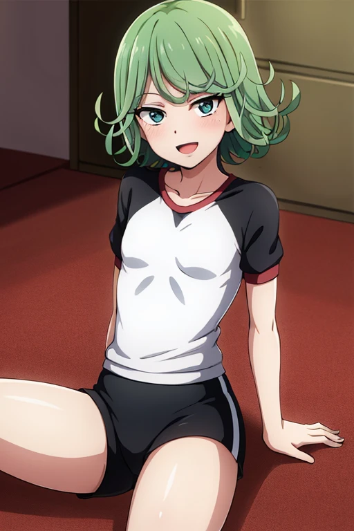 ((Highest quality)), ((masterpiece)), (be familiar with), Perfect Face, indoor, Bedroom, Watching the audience,
One woman, Tatsumaki,
Open Mouth, Ecstatic expression, blush, smile,
Small breasts, Flat Chest, Young Girl, Lori, , Girl,
Short Hair, short hair,
Gym suit, White short sleeves, Black shorts, Leg spread,