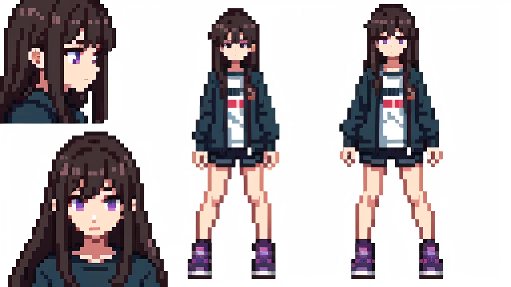 Woman, girl, 20 years old, downtrodden girl, tired girl, confused girl, uncertain posture, long hair, black hair, brown hair. eyes with a transition from blue to purple, dark hair, anime style, 4k image, full body, white background, modern appearance. worked out all the details,modern clothes, full-fledged clothes, baggy clothes, cheap clothes, detailed face, lots of details, very detailed, deep, elaborate facial expression, sitting at the computer