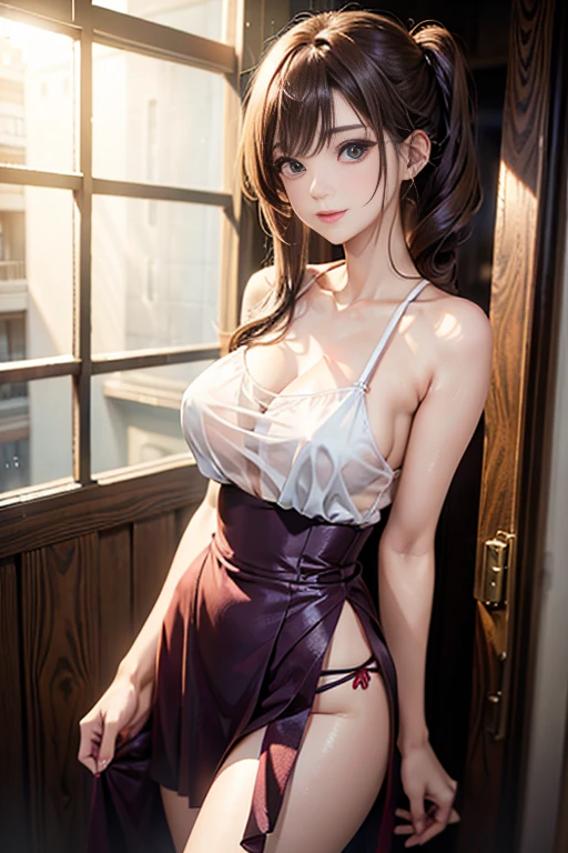 (from above:1.2),(from side:0.9), (Close-Up:0.6), highest quality、(real、photorealistic:1.4)、(RAW photo:1.2)(Curve,Model,glamor:1.5),Beautiful breasts,colour_aberration,beautiful detailed shadow,Beautiful eyes,Beautiful body,Beautiful skin,beautifull hands,(medium_breasts:1.5),1 girl in, (perky chest:1.2), (pointed chest:1.2), dark bronde hair,long hair,side ponytail,hair between eyes,bangs,Purplish brown eyes that dreamers desire, (Blonde hair) , small stature, Colossal tits, Lori, (masutepiece:1.2, Best Quality), (finely detailed beautiful eye: 1.2), (beautifull detailed face), (Best Illumination, extremely delicate and beautiful), ((Cinematic Light)), Dramatic light,Ultra Contrast、Braid a little around the ears, clavicle, red long dress、only has 5 fingers,Her pussy is visible through the see-through white thong、Wet pants、You can see inside your underwear、full of sweat、mocking look、diaper、nffsw,Arms crossed、grab the arm、Shoot from below、The angle is as seen from below.、Best Quality、Large breastuscular pussy:1.2、Pubic hair,high-level image quality、hightquality、8K,perfect hand、5 fingers、finger pin、Perfect Finger、see-through T back、Naked、noise cut、bullet hand、Her hair color should have been a brighter brown,The skirt part is also carefully expressed,brown skirt、the skirt is floating in the wind:1.3、see-through purple panties、Pubic hair majority,(with sparkling eyes and a contagious smile),her thin pubic hair:1.2, looking at viewer
