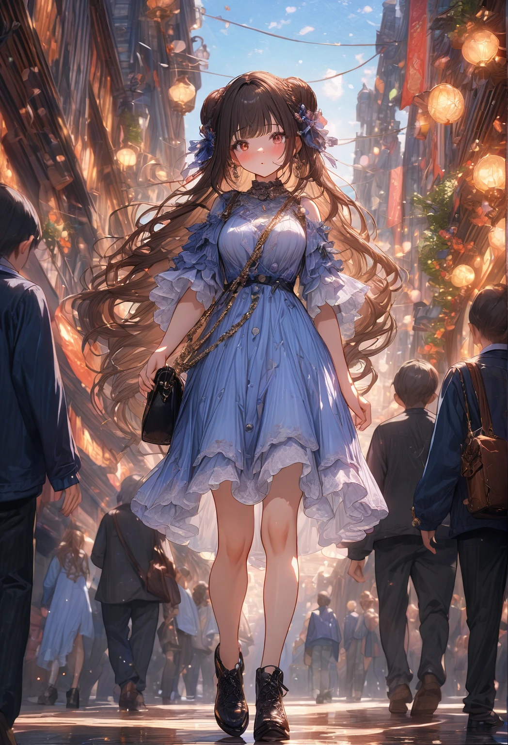 ((masterpiece:0), best quality, very aesthetic, newest, absurdres, detailed, high quality)
BREAK
highest quality, top quality, details, highres, ultra fine painting, digital art, official art, cinematic, 4k, 8k resolution, 8K CG wallpaper, CG, original artwork, detailed background, colorful background, blue atmosphere, High Dynamic Range, blurry background, blue hour, Starburst effects, crepuscular rays, good ISO, high resolution, wide shot, from far away, RAW photo, POV, sharp focus, light reflection, reflections, intricate details, soft light, particle noise, professional photography, bokeh, depth of field, natural lighting, vibrant colors, looking away, detailed lights and shadows, stylish, ultra-detailed, top rated on Pixiv, trending on Artstation, niji style, modern-days, master crafted, pose
BREAK
solo, 1girl, a girl, correct fingers, detailed hair, (medium big breasts:1.2), big thighs, short torso, short body, flushtered, blush, anxious expression, casual, slim, ((cute, childlike face):1.3), nice hips, nice body, brown hair, (long flowing hair:1.1), big 2 buns hairstyle, long bangs, long hair, middle hair bangs, brown eyes
BREAK
((fashion clothes:1.5), accessories, outfit ornaments, shoulder bag, (full body:1.3)) 
BREAK
a close up of a person walking down a street with a crowd of people, crowded street, crowded streets, in front of a large crowd, giant crowd, girl walking through city, people walking down a street