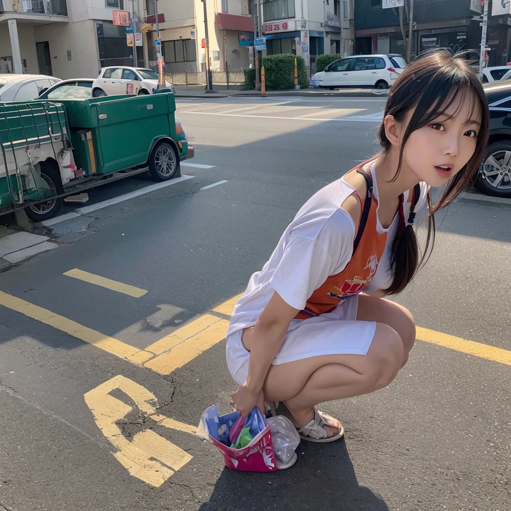 (Best image quality、highest quality、Highest Resolution、masterpiece、detailed、Actual Photos）、Beautiful and cute 17-year-old high school girl、Looking into the camera、((Light brown straight hair、Pin Clip Cream、smile))、((Full Body Shot))、((Low Angle))、(Quite small)、Nude、((Squat down and spread your legs wide:1.3))