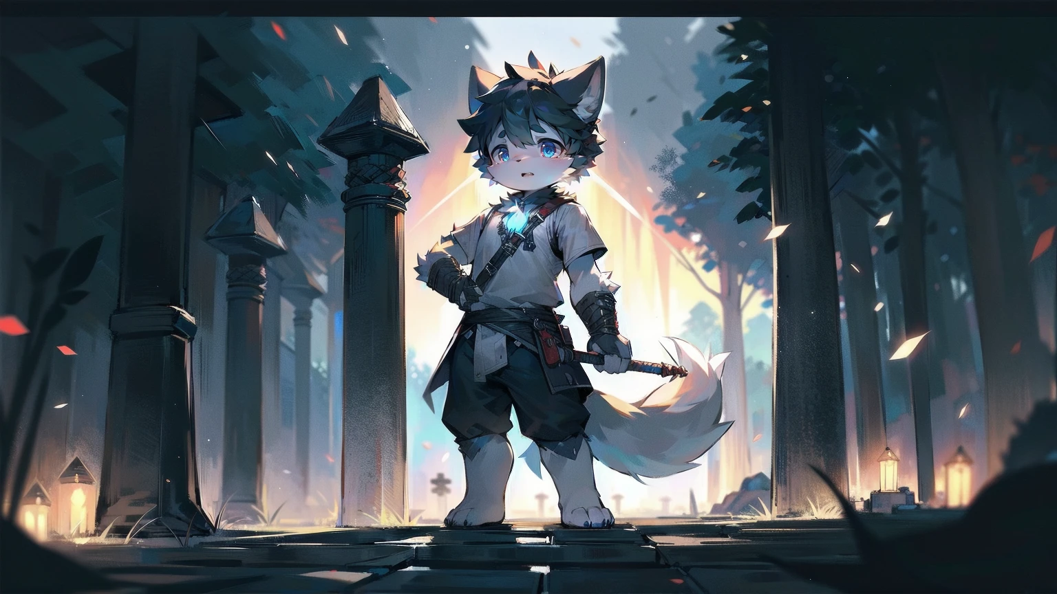 White Wolf，black hair，Sky blue eyes，hairy，Wolf ears，Wolf tail，Full body portrait，The character is in the center of the frame，Handsome，Confident eyes，male，juvenile，Black and white combat uniform，Red neck bib，Black shorts，Short sleeve，hairy arms and legs，Dark background，Dark battlefield，dawn，sunrise，dawn，illumination，shadow，Swordsman，Scabbard and sword，Hold the hilt of a sword in your hand，The scabbard is at the waist，Highest quality
