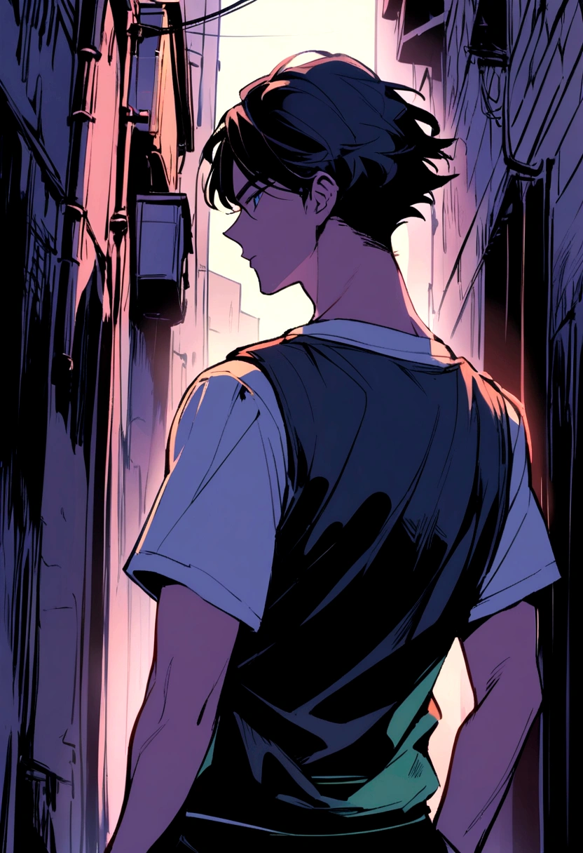 a man facing back, neck-length black hair, wearing a t-shirt and courier vest, against a dark alley