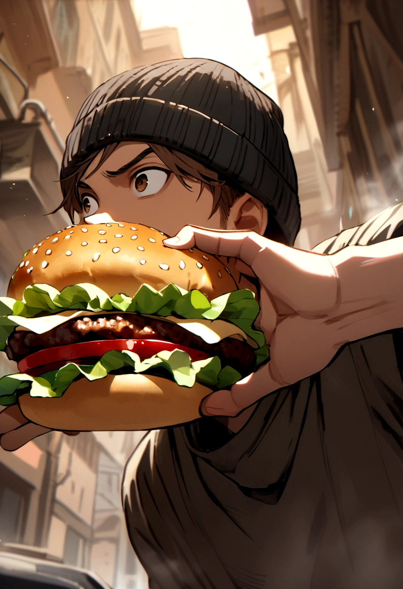 Boy with medium long brown hair and black beanie hat eating a hamburger in a threatening manner