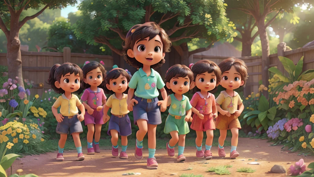 a young diverse group of children, full body, cute expressions, playful, colorful clothes, vibrant colors, dynamic poses, lush garden background, natural lighting, (best quality,4k,8k,highres,masterpiece:1.2),ultra-detailed,(realistic,photorealistic,photo-realistic:1.37),highly detailed, cinematic composition, magical realism