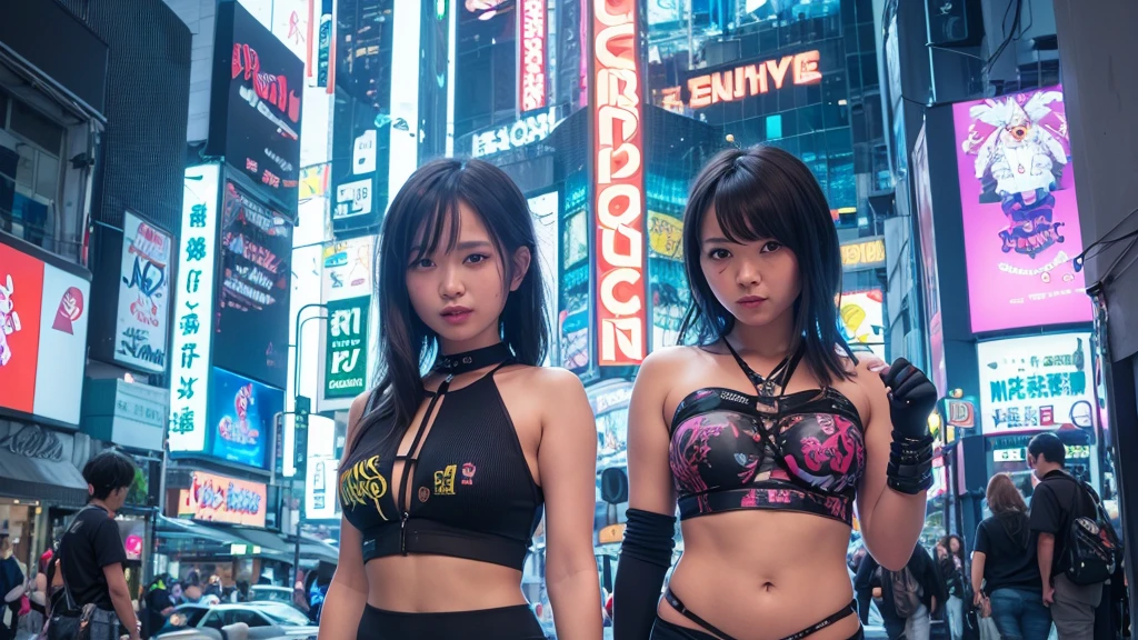 (ExtremelyDetailed((CYBERJAPAN DANCERS))) BigBoob, Radiant FineSkin with Transparency, {(Shouting)|Flashing} ((beltbra)) and Skinny Shorts (ExtremelyDetailed(Cute and Coquettish Faces)) PerfectLighting, Oodles Blurred ColorfulLights at Dusk City, Starry Particles . SFW