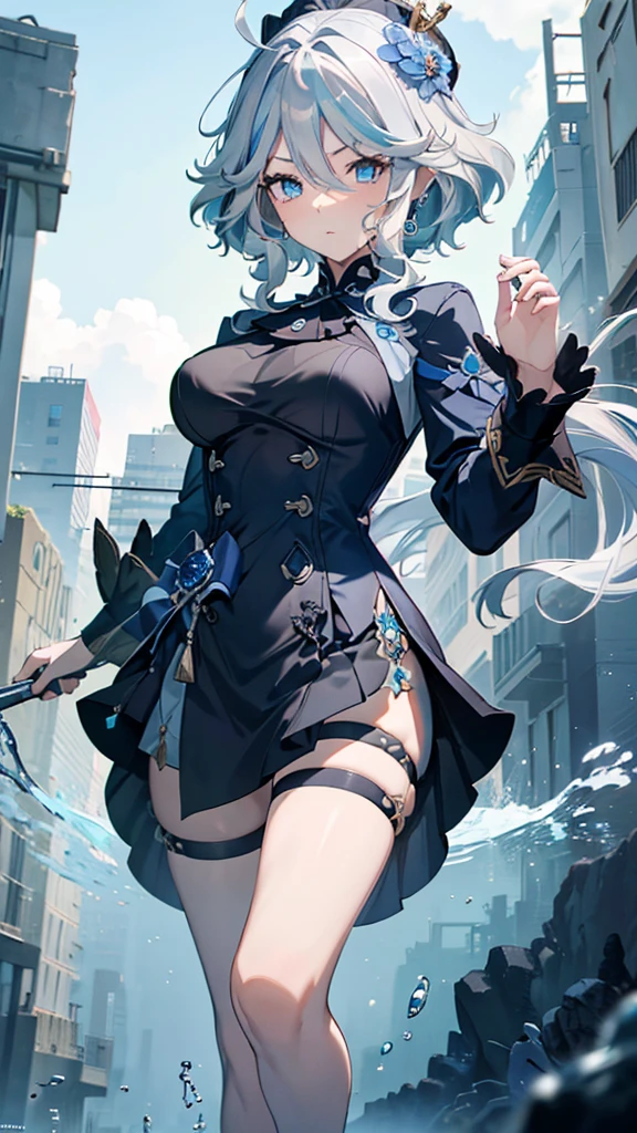 (full body),masterpiece, The best quality at its best, One huge breasted girl, Follina, Genshin Impact, Gray Hair, Blue Hair, Cute big breasts, Tear organ pupil, sad, Clit,  Underwater, Air bubbles, big, Fall into oblivion, Abandoned city，Cowboy Shot，Kung Fu Pose，