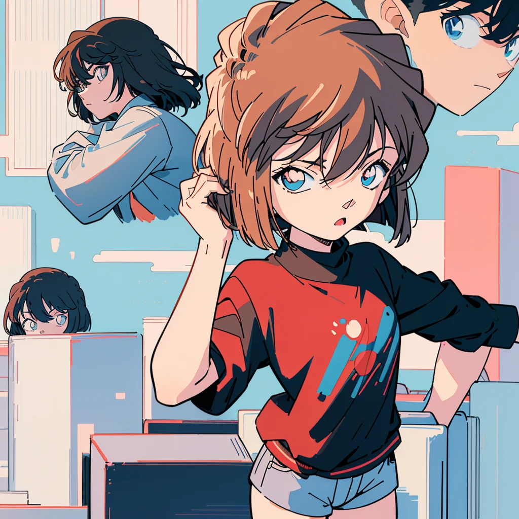 anime style, (1girl in, Solo:1.0), (Haibara Ai), ((Short pants)), (((Big eyes))), (Cute anime girl head), (flat chest),looking at viewer,With a height of 100cm, shoot from front, (head shot), Simple line minimalism, Abstract Art, City background, anime opening movie
