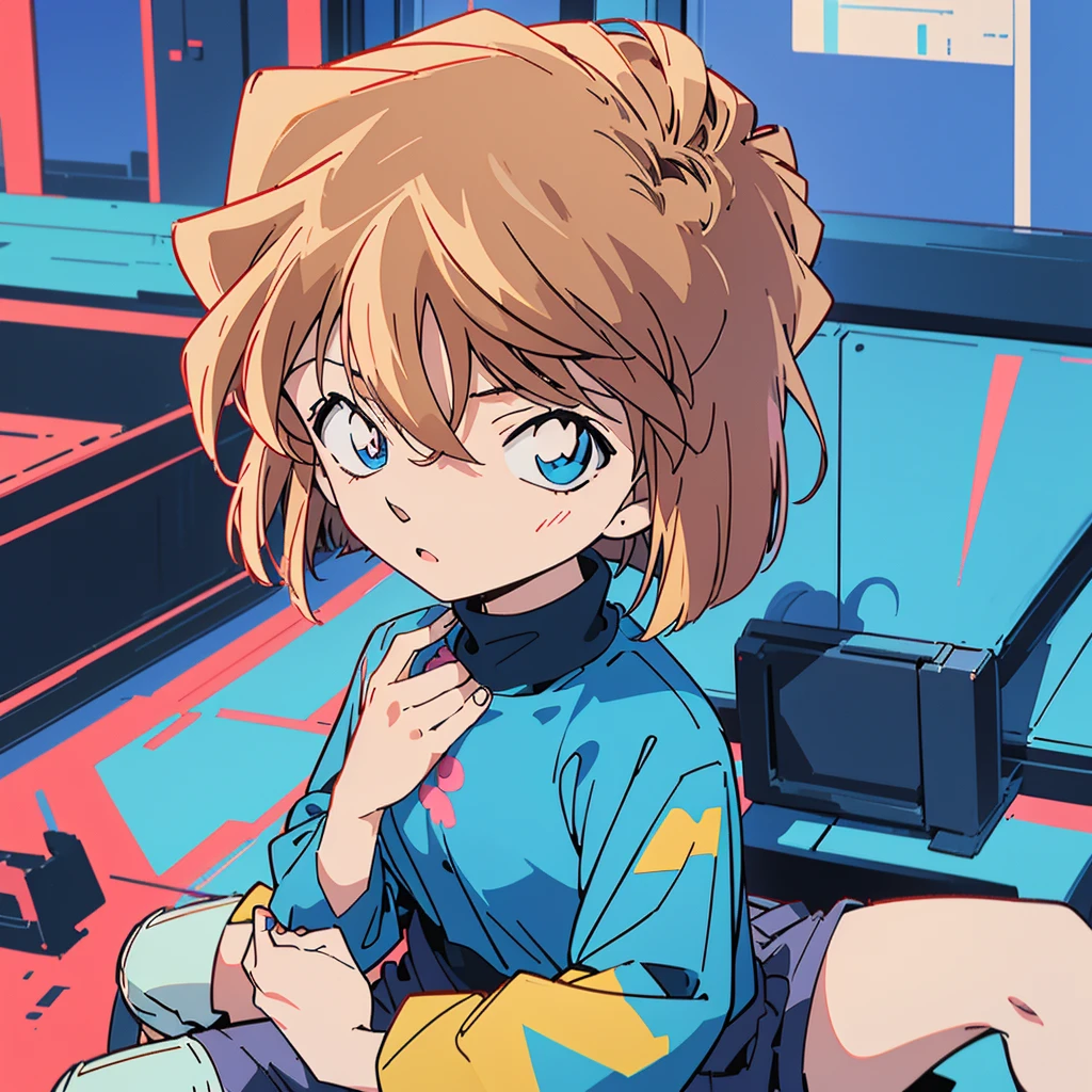 anime style, (1girl in, Solo:1.0), (Haibara Ai), ((Short pants)), (((Big eyes))), (Cute anime girl head), (flat chest),looking at viewer,With a height of 100cm, shoot from front, (head shot), Simple line minimalism, Abstract Art, City background, anime opening movie