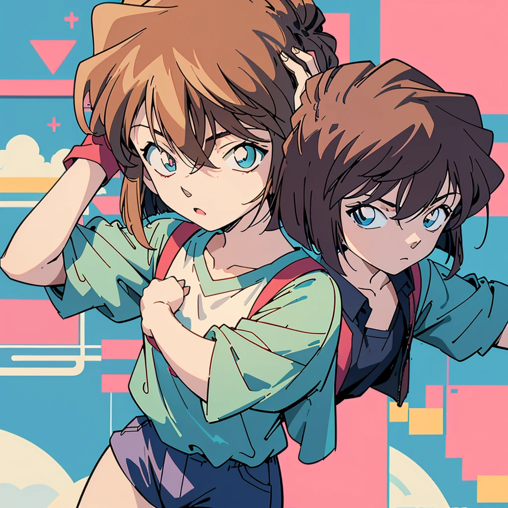 anime style, (1girl in, Solo:1.0), (Haibara Ai), ((Short pants)), (((Big eyes))), (Cute anime girl head), (flat chest),looking at viewer,With a height of 100cm, shoot from front, (head shot), Simple line minimalism, Abstract Art, City background, anime opening movie