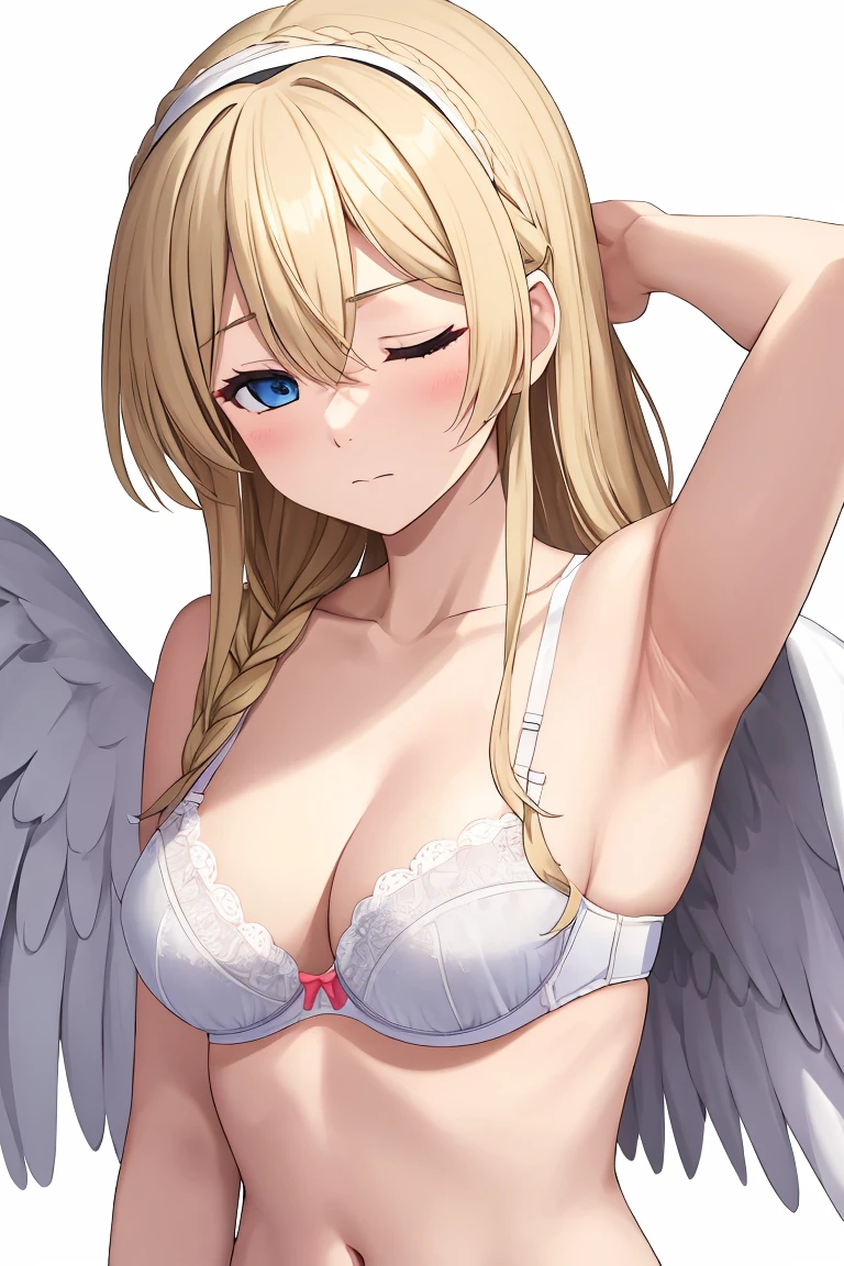 best quality, masterpiece, highres, solo,alice zuberg, bangs, blue eyes, blonde hair, hair between eyes, very long hair, braid, hairband, white hairband, bra, breasts, cleavage, closed_eyes, closed_mouth, collarbone, hands_in_hair, simple_background, underwear, white_background, white_bra, angel_wings, armpits, medium_breasts, navel, panties, underwear_only, upper_body, white_panties