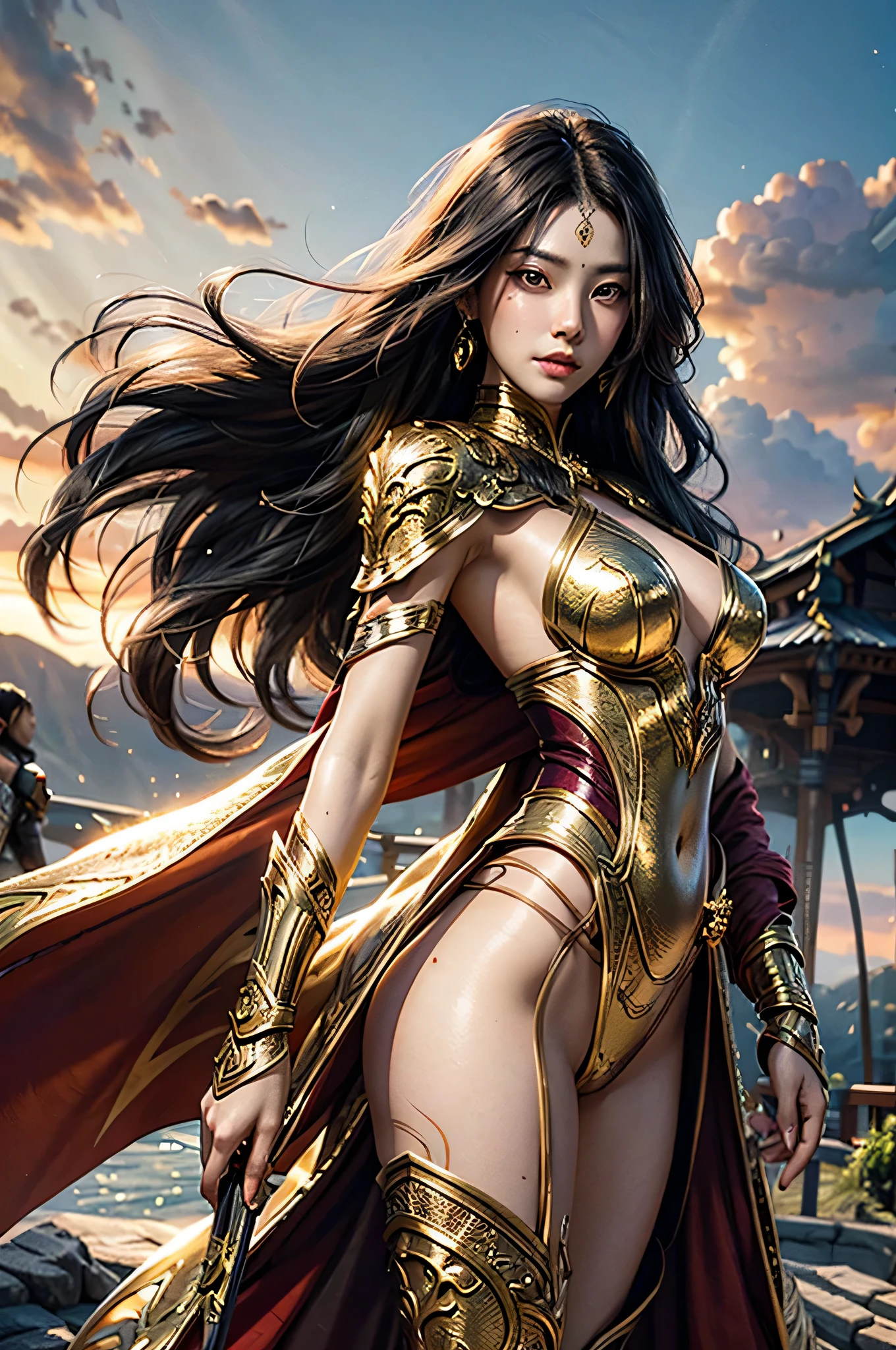 A powerful Asian enchantress with flowing black hair and captivating emerald eyes, clad in a flowing, golden armor that shimmers in the dramatic sunlight, Detailed digital illustration with a painterly touch, blending dynamic superhero action with elegant, flowing lines and intricate details, inspired by Stanley Artgerm Lau (superhero action) and Alphonse Mucha (flowing lines), Close-up portrait, with the enchantress gazing confidently at the viewer, exuding power and beauty, The golden armor is adorned with intricate dragon scale patterns and flowing red silk accents, Background features a vibrant sunset sky with swirling clouds of orange, pink, and purple, Dramatic lighting with the sun shining down from behind her, casting a warm glow on her armor and highlighting the details,

