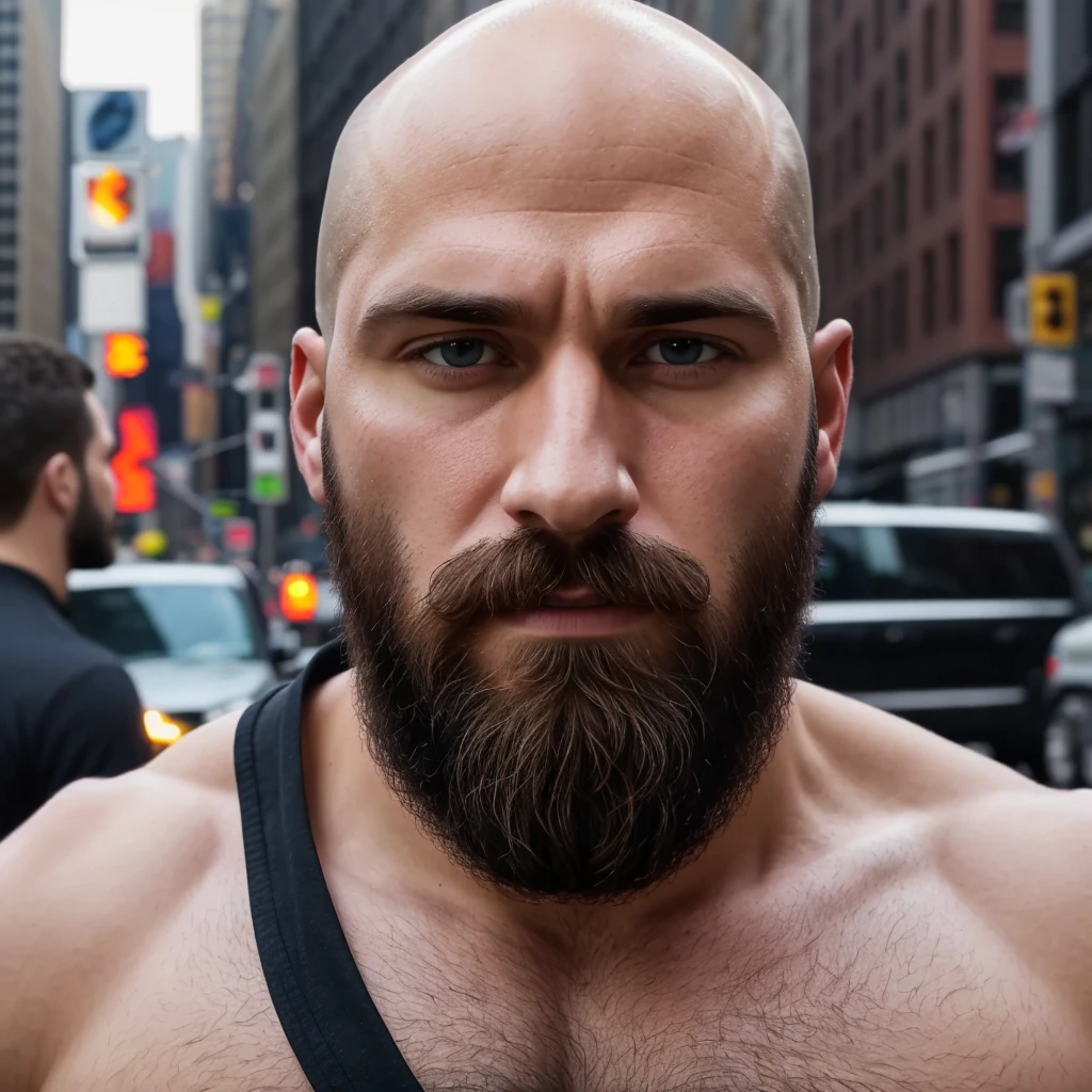 30 year old man. Ultra realistic. 4k. Bald. Bearded. Well dressed. Streets of new York. Head and shoulders. Muscular. Black shirt. Blonde hair. Norwegian heritage 