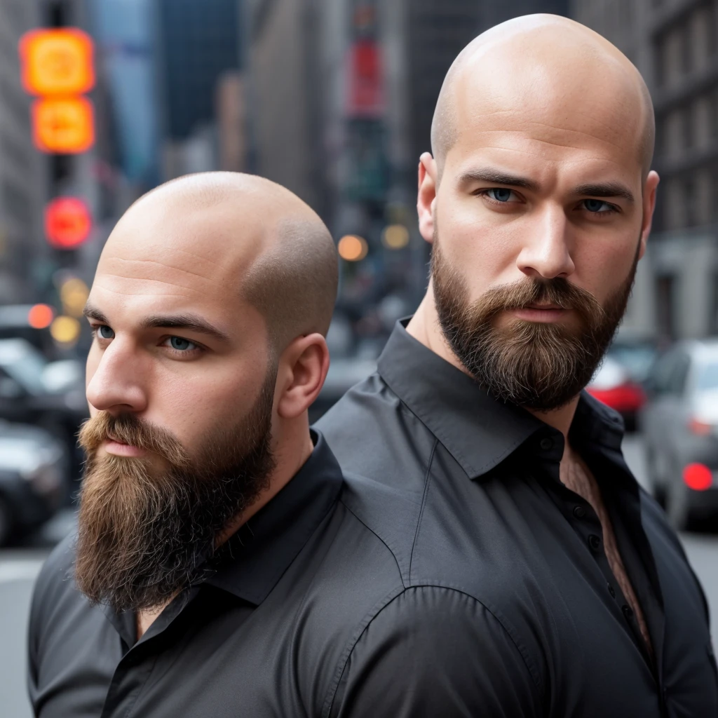 30 year old man. Ultra realistic. 4k. Bald. Bearded. Well dressed. Streets of new York. Head and shoulders. Muscular. Black shirt. Blonde hair. Norwegian heritage
