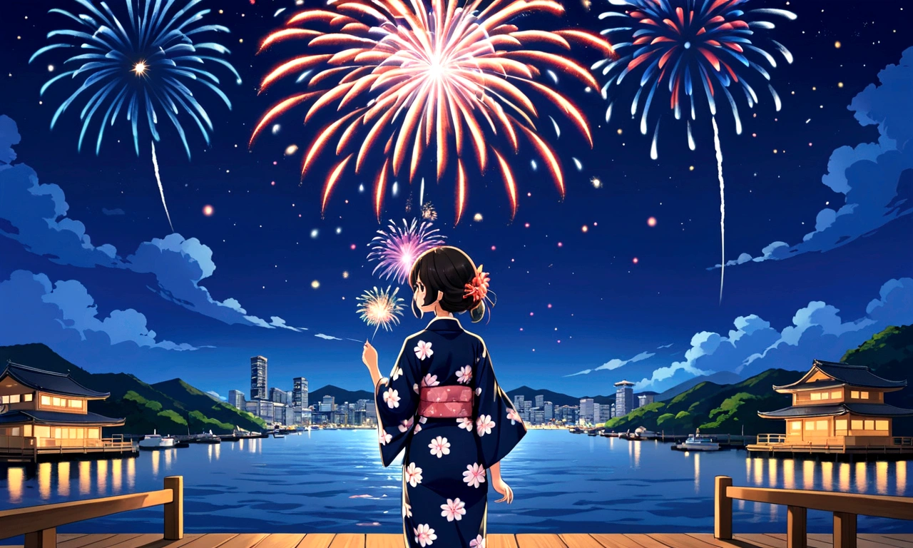 anime girl Navy blue yukata姿で outfit looking at fireworks in the sky, firework, Navy blue yukata姿で, [ fireworks in the sky ]!!, fireworks, Navy blue yukata姿で, Summer Festival Night, fireworks in the background, Navy blue yukata, Japanese Yukata, 色鮮やかなNavy blue yukataを着て, Digital anime illustration ,Navy blue yukataを着る, Anime-style illustrations, Navy blue yukataを着る