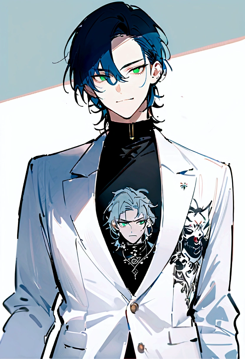 work of art, best qualityer, ((1 men)),hair blue,greeneyes,serious expression, smiling,waist up,line art,medium hair,White blazer,black tee,expressionless eyes, mafia boy, he has a tattoo, he smiles charmingly, アニメ, adorable and skinny boy
