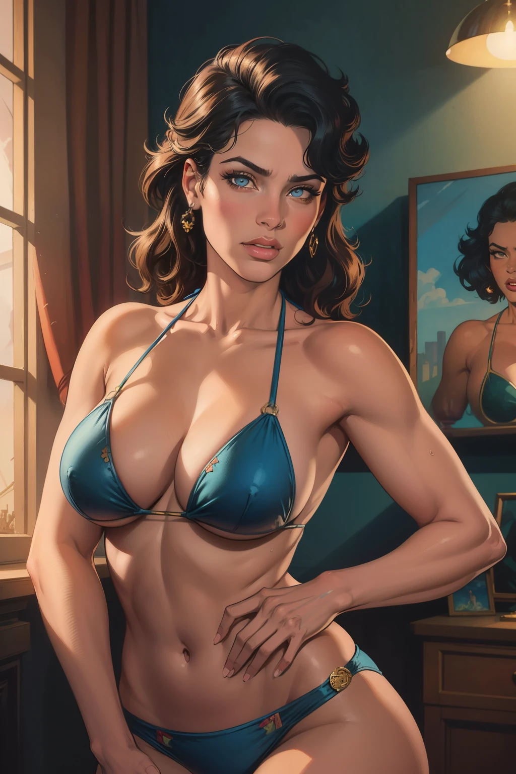 beautiful detailed eyes, beautiful detailed lips, extremely detailed eyes and face, long eyelashes, retro style, vintage style, glamorous, pin-up girl, sexy, bikini, high quality, 4k, photorealistic, ultra-detailed, vibrant colors, dramatic lighting, dramatic pose, dynamic composition, cinematic, oil painting, digital art, masterpiece