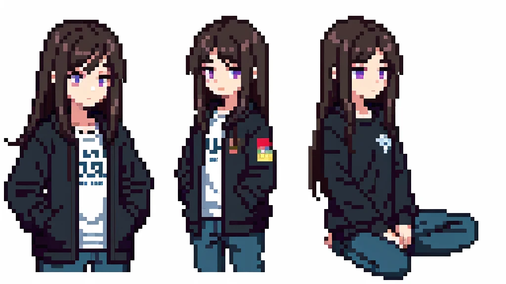 Woman, girl, 20 years old, downtrodden girl, tired girl, confused girl, uncertain posture, long hair, black hair, brown hair. eyes with a transition from blue to purple, dark hair, anime style, 4k image, full body, modern appearance. all the details have been worked out,modern clothes, full-fledged clothes, baggy clothes, cheap clothes, detailed face, lots of details, very detailed, deep, elaborated facial expression, sitting at a computer, in the apartment