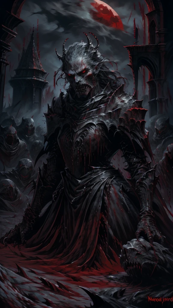 a darksouls werewolf, backwards, looking over shoulders pose with great fangs,sharp nails with blood,black fur,angry face,full moon at night,fog, on ground,(blood: 1.5),detailed,realistic,4k