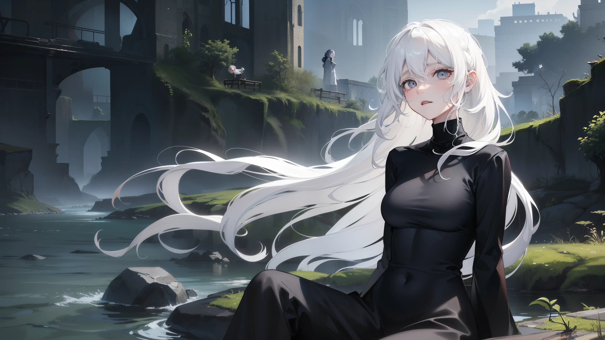 City ruins Background, 3 character sitting on a rock, yorha 2b, WLOP, breast, , cleavage cutout, Garment cutting, air between the eyes, Headband, high resolution, Juliet Sleeves, Long sleeve, Nierl (series), Neil automata, Puff sleeves, Red lips, Shadowed side, short hair, Solitary, turtleneck sweater, Upper Body, White hair, Sky