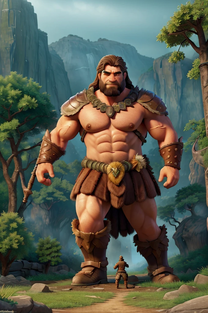 a barbarian warrior climbing up a massive beanstalk, muscular male figure in fur armor, holding a large battle axe, dramatic lighting, fantasy landscape, lush green foliage, cloudy sky, cinematic composition, epic fantasy, muted color palette, chiaroscuro lighting, highly detailed, intricate textures, (best quality,4k,8k,highres,masterpiece:1.2),ultra-detailed,(realistic,photorealistic,photo-realistic:1.37)