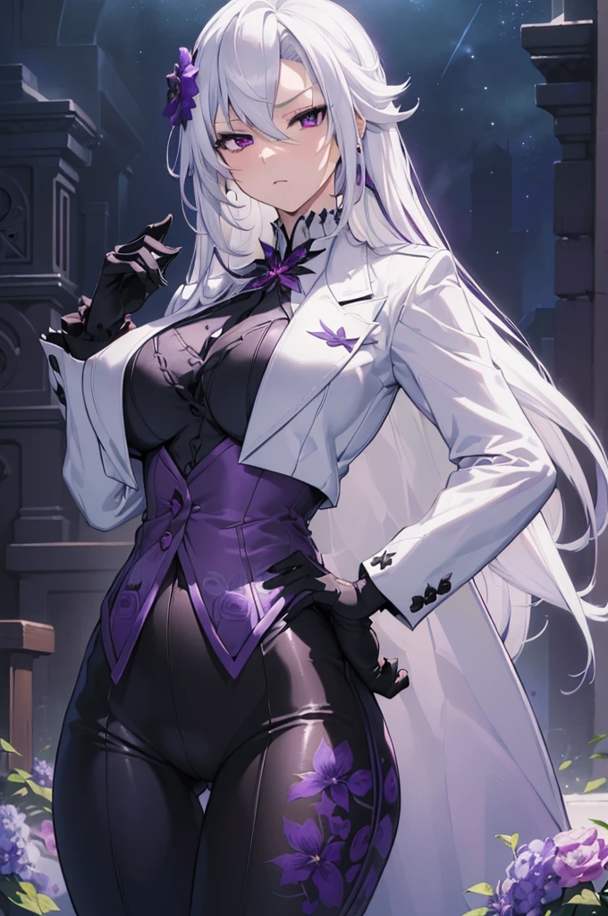 (best quality:1.3), (masterpiece:1.3), (illustration:1.3), (ultra-detailed:1.3), 1girl, solo, ((long hair, white hair, purple eye, purple flower pattern)), (((large breasts))), black pants, white suit, tailcoat, serious expression, tall, mature, elegant, black gloves, looking at viewer, night sky, hands on hips, serious expression, tsurime,