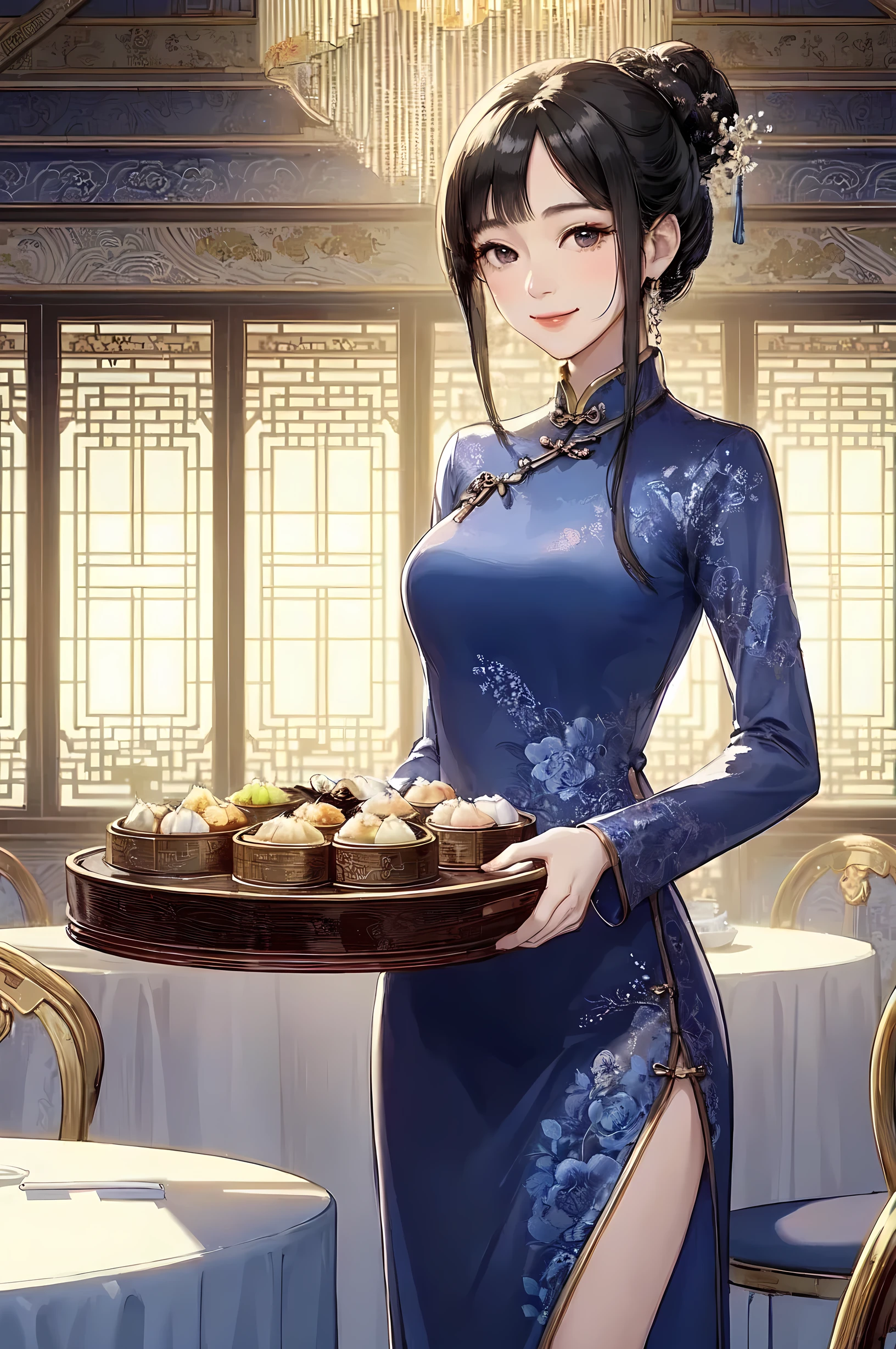 1lady solo, standing, stylish floral, (mature female:0.8), /(black hair/) bangs, kind smile, (masterpiece best quality:1.2) delicate illustration ultra-detailed, large breasts, (holding tray with dim sum) BREAK (restaurant) indoors, dim sum, table, detailed background